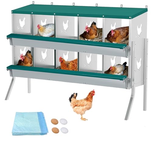 Garvee Large Metal Chicken Nesting Boxes for Hens, 10 Compartment Galvanized Steel Nesting Box with Legs, Includes 4 Fake Eggs & 10 Soft Nest Pads, Wall Mount or Freestanding for Coop & Farm - style: 10 Holes w/ Legs