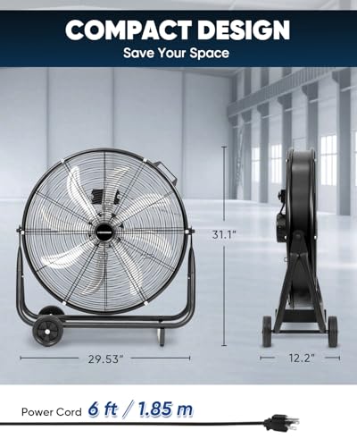 KEN BROWN 24 Inch Industrial Shop Fan, TurboSweep 8 Blades High Velocity Drum Fan, 9500 CFM, Heavy Duty 3 Speeds, 360° Adjustable Tilt for Industrial Commercial Gym Garage - size: 24 Inch Floor Fan