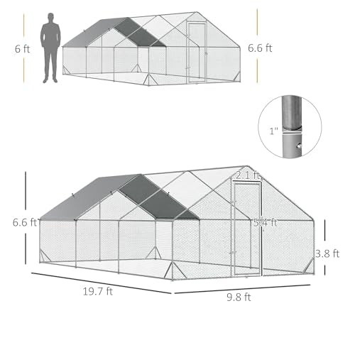PawHut Large Chicken Coop w/Waterproof Anti-UV Cover 9.8' x 19.7' x 6.6' | Metal Chicken Run, Spire Shaped Walk In Fence Cage Hen House, Outdoor Yard Farm Use, 1" Tube Diameter - size: 118.1"L x 236.2"W x 78.7"H