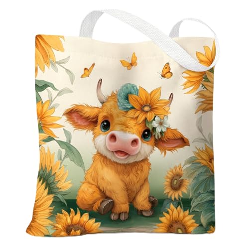 Cute Canvas Tote Bag for Women, Book Totebag with Zipper Pocket - color: Highland Cow