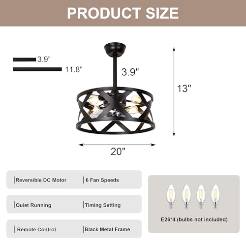20" Black Caged Ceiling Fan with Lights Remote Modern Fandelier | Industrial Chandelier Light, Reversible DC Motor 6 Speeds for Bedroom Nursery Living Room, 4 E26 Bulbs (Not Included) - color: Black Metal Cage