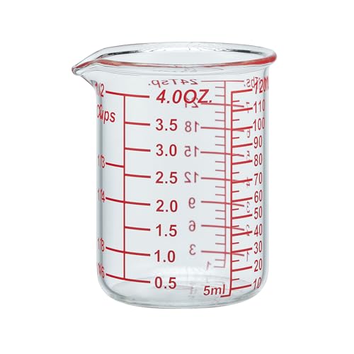 Ackers BORO3.3 4 oz/120 ml Glass Measuring Cup with V-Shaped Spout, 1 Count | 3.3 borosilicate glass with a wide opening and five printed measurement units for small-batch cooking, baking and drink prep - size: 120 ML (4 Oz)-SINGLE