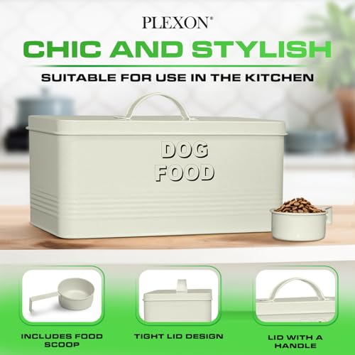 Plexon Metal Dog Food Storage Container with Scoop - Small Dog Food Container 10lbs Holder Treat Jar Bin with Lid - Pet Chow Storage Canister Tin, 2 Gallon, Off-White - color: Off-white, 2 Gall Capacity