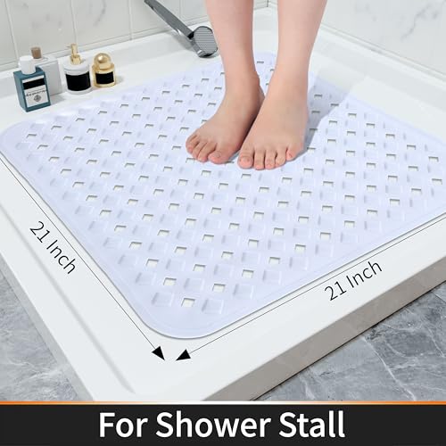 Yimobra Square Shower Mat Non Slip, Super Strong Suction Cups, 21"X21" Bath Tub Mat with Drain Holes, Machine Washable Fast Draining Bath Mats, Bathroom Essentials,White - color: White, size: 21 X 21 Inch