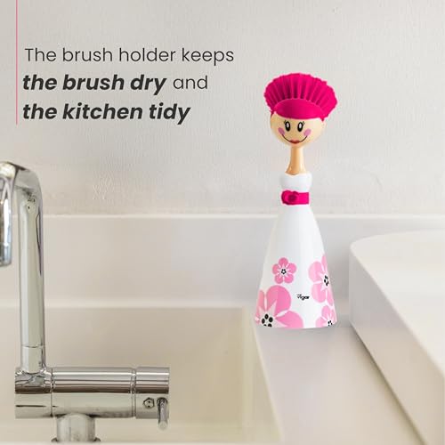 Vigar Dolls April Dish Brush with Ergonomic Handle - White, Pink | Dish Scrubber, Kitchen Scrub Brush, Dishwashing Brush Tool for Kitchen Sink Cleaning, Cute Standing Design - color: White, Pink