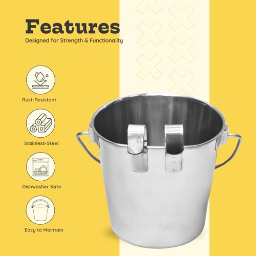 9 quart Stainless Steel Flat Sided Bucket with Dual Hooks | 2.25 gal Food & Water Bowl for XL Dog Goat Sheep Cattle Horse & Livestock | Fits kennel Crate Cages Farm | Hanging Utility Pail - size: 9 Quart