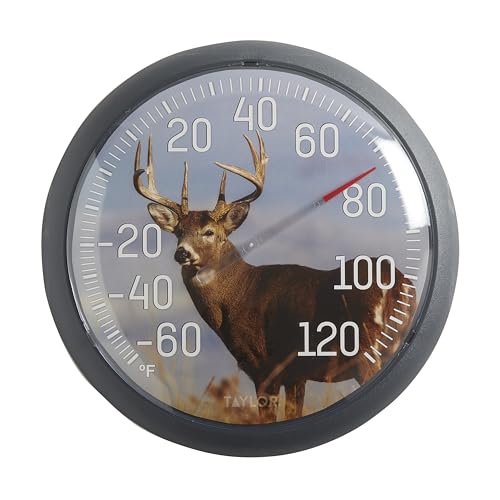 Taylor White Tail Deer Large Indoor Outdoor Dial Thermometer, Wireless Thermometer with Easy to Read Large Numbers for Patio, Pool, Garden or Garage, and Indoor Areas, 13.25-inch, White Tail Dee, Blue - style: White Tail Deer