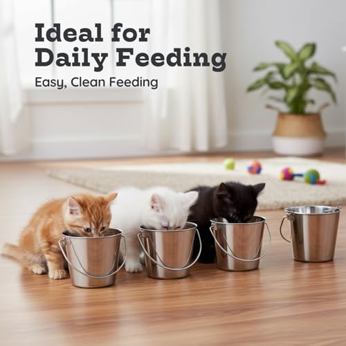 1 Qt Stainless Steel Hanging Water Bucket with Handle, 4-Pack | Food & Water Pail, 0.25 Gallon Capacity, Heavy-Duty, Round Design with Carry Handle, Ideal for Dogs, Cats, Birds & Small Pets - size: 1 Quart (Pack of 4)