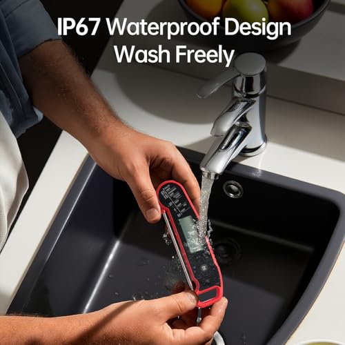 Lonicera Instant-Read Meat Thermometer, 1-Second, IP67 Waterproof, Red | Thermocouple sensor delivers readings in 1 second with ±0.9°F accuracy, plus IP67 waterproofing, auto-rotate and wake - color: RED