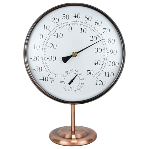 6 in Solid Brass Analog Outdoor Thermometer Hygrometer | Detachable Stand, No Battery Needed, Weather Rust Waterproof, Dual ℉/℃ Dial, For Home Office Patio Indoor Outdoor Decor - size: 6 inches