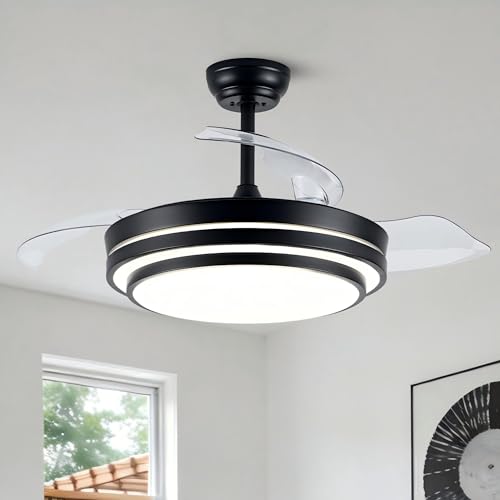 42 Inch Retractable Ceiling Fan with Lights Fandelier Ceiling Fan | Modern Black Fandalier Ultra Thin Chandelier LED Light for Bedroom Living Room, 3CCT Reversible Quiet DC Motor 6 Speeds - color: 4204-Black