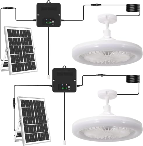 Solar Ceiling Fan with Light Indoor Outdoor, Daytime Available Solar Shed Fan Light with Pull String, 3-in-1 Modes, IP65 Waterproof for Gazebo, Shed, Barn, Patio, Chicken Coop 2 Pack - size: 2 Pack