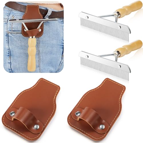 Blulu 2 Set Cattle Comb Brush Holder Cattle Show Grooming Brush Livestock Show Supplies Horses Metal Comb Brushes Cow Mane and Tail Brushes with Wood Handle for Cattlles Cow Goat Sheep Pig Pet Dog