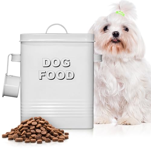 Plexon Metal Dog Food Storage Container with Scoop - Small Dog Food Container Holder Treat Jar Bin with Lid - Pet Chow Storage Canister Tin,1.5 Gallon, 7 lbs, White - color: White, 1.5 Gall Capacity