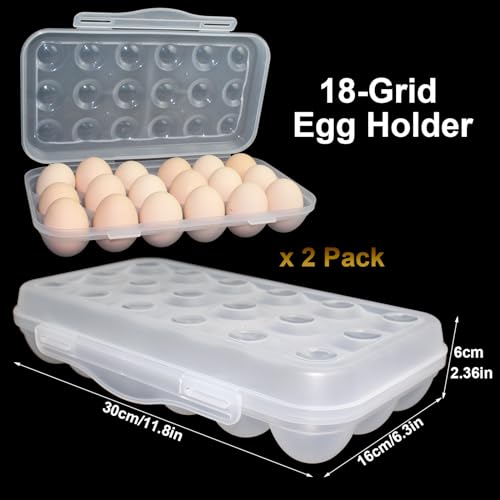 18 Grid Egg Container, 2 Packs Egg Holder Plastic Egg Storage Box Egg Organizer for Fridge Portable Egg Tray with Lid for Refrigerator Camping Hiking Outdoor Activities (18 Counts-2 Packs) - style: 18 Counts-2 Packs