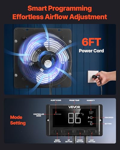 VEVOR 12 inch Exhaust Fan, Wall Mounted Attic Fan with Variable Speed, Temperature & Humidity Controller, 1500 CFM, Automatic Shutter - size: 12 Inch