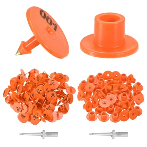 M METERXITY 100-Pack Cattle Ear Tags 001-100 Number, Plastic Round Livestock Tags with 2 Ear Label Needles for Cows/Sheep/Cattle/Pig, Farm Animal Identification Markers [Orange] - color: Orange