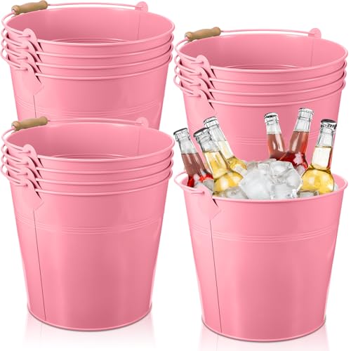 Didaey 12 Pcs 9 Quart Large Galvanized Metal Buckets with Handle Inch Heavy Duty Stainless Steel Pails Round Pail for Party Wedding, Crafts, Utensils, Table Centerpieces (Pink) - color: Pink
