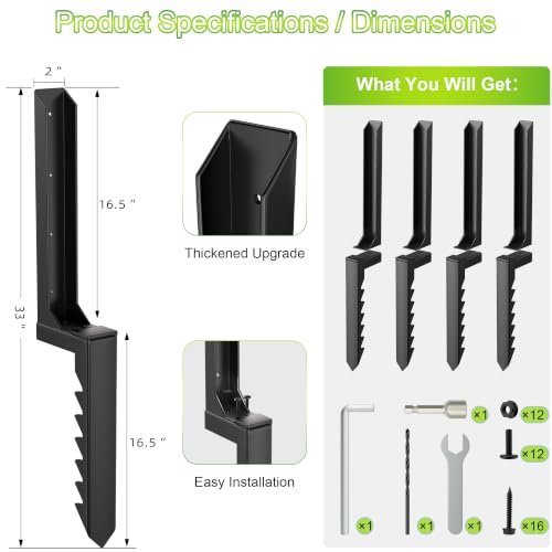 4 Pcs Fence Post Repair Kit, Heavy-Duty Fence Post Anchor Ground Stakes, Thickened Stabilizer for Repairing Tilted or Broken Wooden Posts (4)