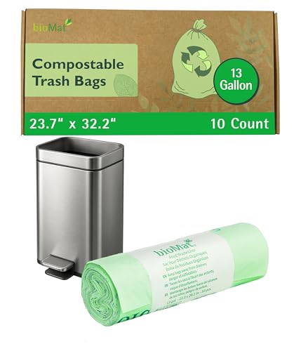 bioMat 13 Gallon Compostable Food Scrap Bags, 10 Count | BPI, CMA and OK Compost HOME certified, Meets the ASTM D6400 Standard, Tall Flat Top Bin Liners for Kitchen Food Waste Bin - size: 10 Count (Pack of 1), style: 13 Gallon