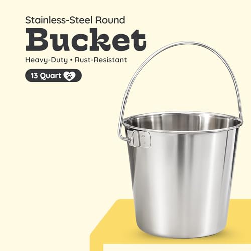 13 quart Heavy Duty Stainless Steel Round Bucket with Handle | 3.25 gal Sturdy Food & Water for XXL Dogs Goats sheep Horse & Livestock | Fits kennel Crate Cage Farm | Hanging Utility Pail - size: 13 Quarts