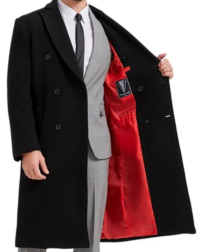 Mens Black Wool Double Breasted Overcoat – Cashmere Long Winter Coat, Peak Lapel Topcoat - color: Black - Red Lining, size: 46