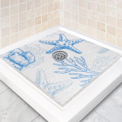Square Shower Mat Non Slip: 24 x 24 Inch Extra Large Shower Mats with Drain Hole in Middle - PVC Loofah Anti Slip Shower Floor Matt for Inside Shower - color: Blue Starfish, size: 24" x 24" (Square)