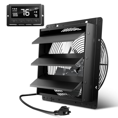 Hon&Guan Shutter Exhaust Fan, 12-Inch Wall Mount Attic Fan with Temperature Humidity Controller, 10-Speed Adjustable, 971 CFM, for Ventilation and Cooling in Greenhouses, Garages, Chicken Coops - color: Black, size: 12 Inch