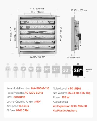 VEVOR 36 Inch Shutter Exhaust Fan Wall Mounted Automatic Louvers Silver, Sturdy Steel Housing, Low Noise, AC Motor, 9761 CFM Ventilation and Cooling for Attic, Garage, Barn, Greenhouse, Workshop - size: 36 Inch