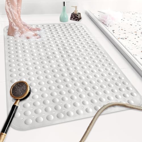 Shower Mat Non Slip: 35.4 x 23.6 Inch Extra Large TPE Shower Mats for Inside Shower - Anti Slip Shower Stall Matt with Drain Hole and Suction Cups for Elderly - color: White, size: 35.4" x 23.6" (Rectangular)