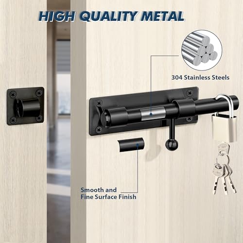 Alise 8 inch Barrel Bolt Latch,Black Heavy Duty Slide Lock for Barn Door | SUS304 Stainless Steel Padlock-Style Slide Bolt Latch,Security Gate Latch for Wooden Fence,Interior or Outdoor Door - color: Black, size: 8 Inch
