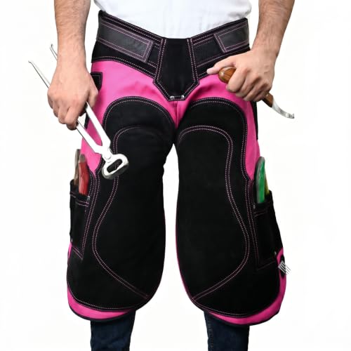– Farrier Apron Cowhide Leather Hoof Trimming Chaps | with Premium Air Mesh Lining, Foam Knee Pads, 4 Knife Pockets & Nail Magnets | Adjustable Waist for Men & Women (Apron Only) - color: Pink - Black, size: 65cm - 25inch