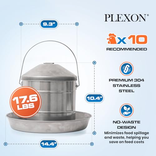 Plexon 17.6 Lb Hanging Chicken Feeder Metal Chicken Feeder with Handle no Waste Food - Stainless Steel - Turkey Duck Poultry Feeder - Heavy Duty Feeding Equipment - Grade Large - size: 17.6 LB