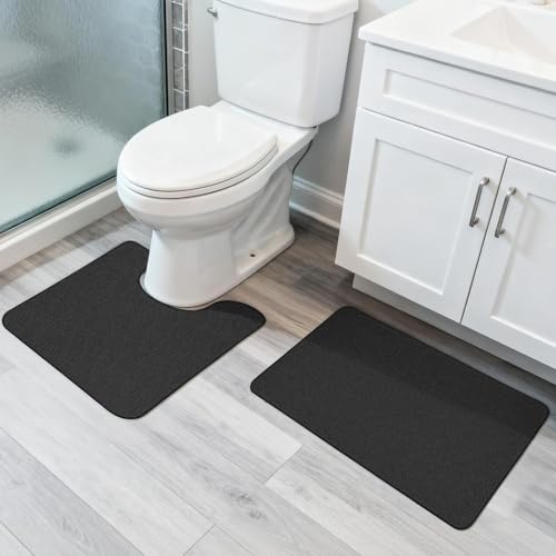 Bosap Bath Mat Set 2 Pieces,Ultra Thin Bathroom Rugs,Rubber Toilet Rugs | Non Slip,Quick Dry,Machine Washable,Low Pile,Absorbent,Shower,Sink,Bathroom Decor.(Black,17"x27" Plus 20"x24"U Shaped) - color: Black, size: 1'8"x2"u+1'5"x2'3"(set)