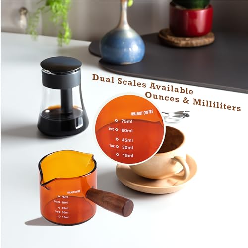 Amber 3.5oz Espresso Shot Glass Double Spouts with American Walnut Handle, Double Spout Glass Measuring Cup, Milk Frothing Pitcher - color: Amber