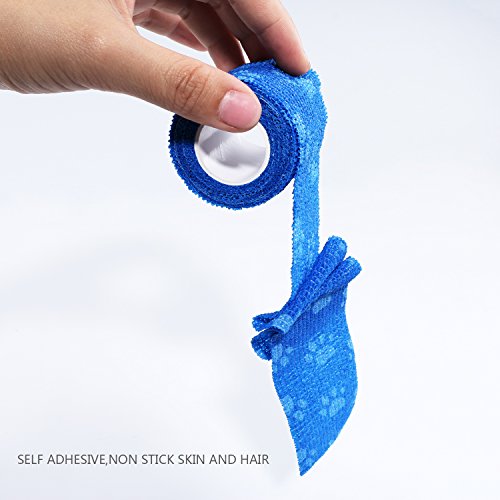 Pet Bandage Cohesive Bandage Self Adhering Wrap Tape, Multi-Function Elasticity Gauze Rolls Wrap First Aid Vet Tape for Dogs Cats Horses Birds Ankle Sprain (White and Blue)