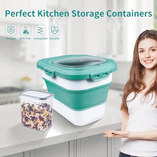 Rice Storage Container, Collapsible Airtight Food Storage Containers 6-20 Lbs, Rice Dispenser with Measuring Cup and Small Bin for Flour Cereal Pasta Grain, Cat Pet Dog Bird Food Container - color: Green