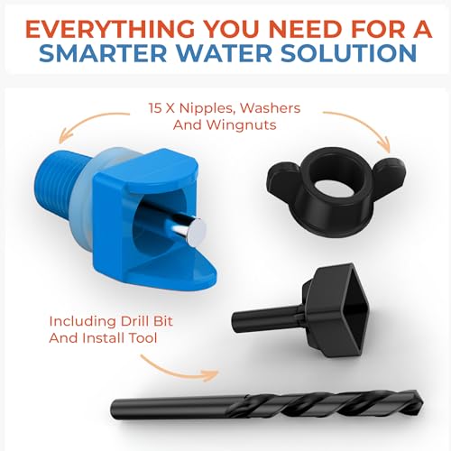Lil'Clucker Horizontal Chicken Waterer Nipples, Pack of 15 Chicken Nipple Waterer with Drill Bits, Easy Install Automatic Chicken Waterer System, No Leak Chicken Water Feeder, Poultry Waterer - Blue - color: Blue