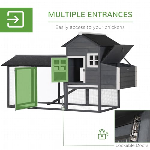 PawHut 84" Wooden Chicken Coop with Run Nesting Box for 2-3 Chickens Gray | Hen House Outdoor, Asphalt Roof, Removable Tray, Ramp, Poultry Cage - color: Gray