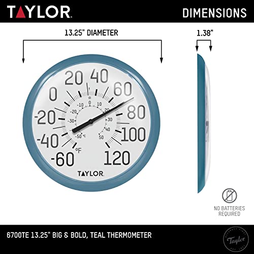 Taylor Big and Bold Wall Indoor Outdoor Thermometer, Easy to Read Numbers for Patio, Pool, and Indoor Areas 13.25 inch, Teal - color: Teal, size: 13.25 inches (Pack of 1)