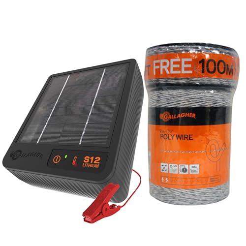 Gallagher S12 Solar Energizer and 1312' Poly Wire Electric Fence Kit for Livestock, Gardens, Orchards, Pets, and More