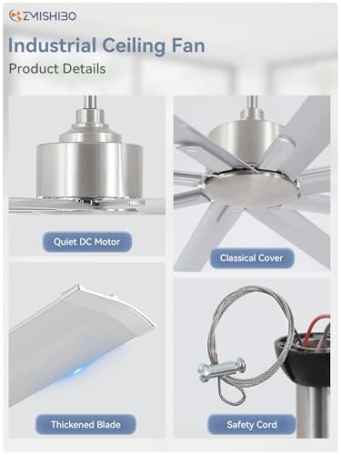 ZMISHIBO 96 Inch Industrial Ceiling Fan without Light, 8 Aluminum Blades | DC Motor, Damp Rated, 6 Speeds, Remote Control, 3 Downrods, Flat/Sloped Ceiling, Commercial, Farmhouse, Garage, Warehouse - color: Nickel, size: 96inch