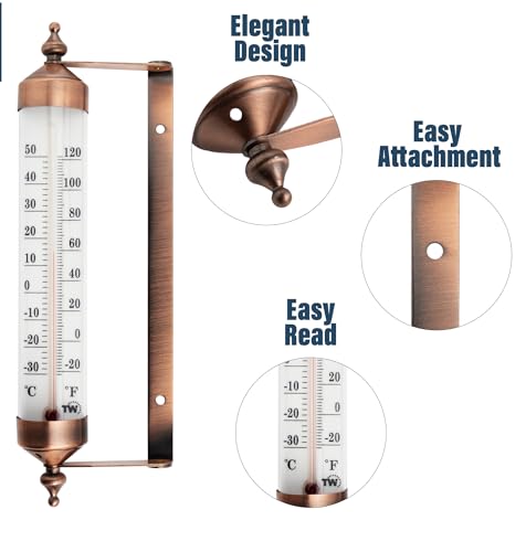 Outside Thermometer with Bronze Effect Design - Stylish 9.5 Inch Decorative Outdoor Thermometer Waterproof Suitable for Outside Wall Garden Greenhouse Patio Garage