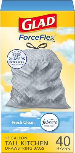Glad Trash Bags, ForceFlex Tall Kitchen Drawstring Garbage Bags, Fresh Clean, 13 Gal, 40 Ct (Package May Vary) - size: 40 Count (Pack of 1)