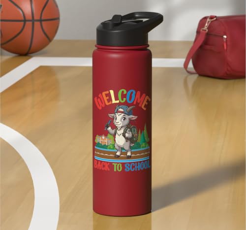 Welcome Back To School Cute Goat Student Boys Girls Kids Stainless Steel Insulated Water Bottle - color: Red