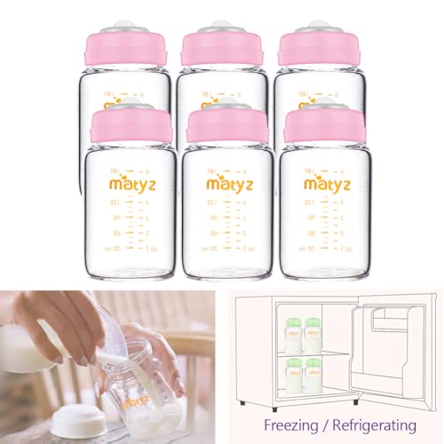 Matyz Glass Breastmilk Storage Containers, 6 Pack, 6 oz Bottle, Compatible with Spectra Medela Philips Pump - Freezer Safe Storage Bottles Set - Leakproof Glass Baby Bottles - No BPA (Pink Lids) - color: [Pack of 6] Pink Lid - 6 Ounce Clear Borosilicate G