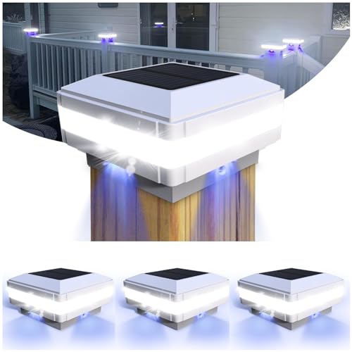 Solar Post Cap Lights 160 Lumen 52LEDs with 6500K White Lighting | Fence Post Solar Lights Fits 4x4 5x5 6x6 Wood Post, Outdoor Post Lights IP65 Waterproof, for Patio, Porch, Garden - color: White