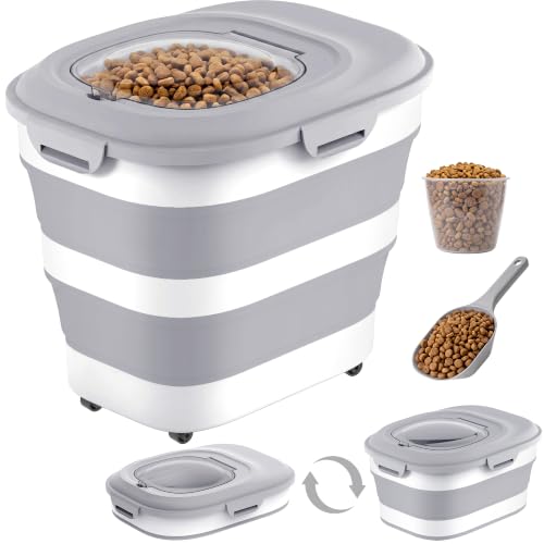 28 Lbs Dog Food Storage Container, Collapsible Cat Food Container | Airtight Pet Food Storage Containers with Wheels, Clear Window, Measuring Cup and Scoop, BPA Free for Rice, Flour, Bird Seed - color: Grey/28lbs