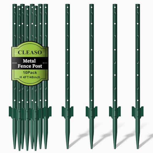 Metal Fence Posts for Wire Fencing,Heavy Duty U Post 4 FT Green | 10 Packs Rustproof Powder-Coated Steel Fence Stakes, No-Dig Fence Posts for Farm, Orchard, Yard & Temporary Fencing - color: Green, size: 4FT-10P
