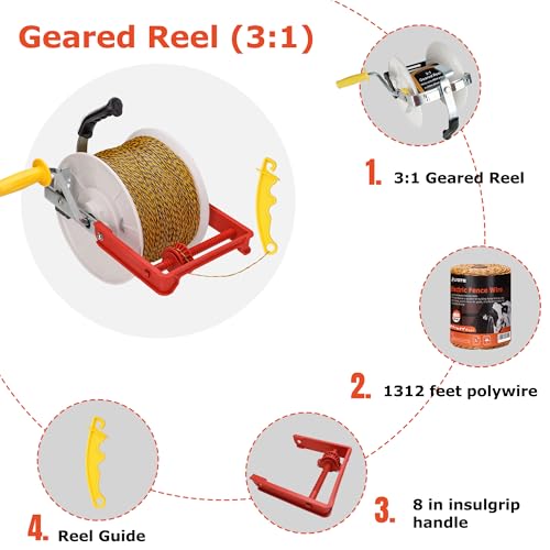 3:1 Geared Reel Prewound Polywire, Electric Fence Wire Reel, with Auxiliary Winding Handle, Plus 1 Free 8 inch Insulgrip, Suitable for Building Farm Electric Fences - size: 1640 ft x 1 standard reel x 1 guide x 1 Handle